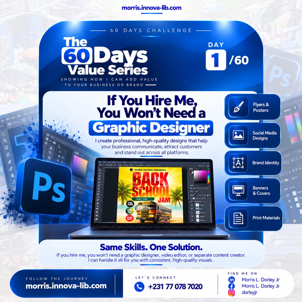 Day 1 of the 60 Days Value Series: If you hire me, you won't need a graphic designer. Flyers and posters, social media designs, brand identity, banners and covers, and print materials.
