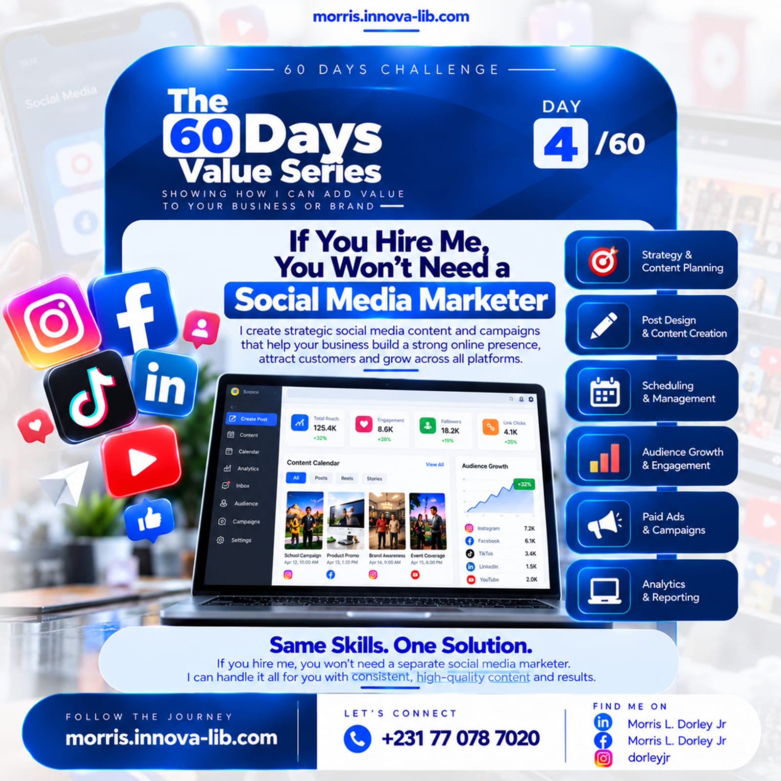 Day 4 of the 60 Days Value Series: If you hire me, you won't need a social media marketer. Strategy and content planning, post design and content creation, scheduling and management, audience growth and engagement, paid ads and campaigns, and analytics and reporting.