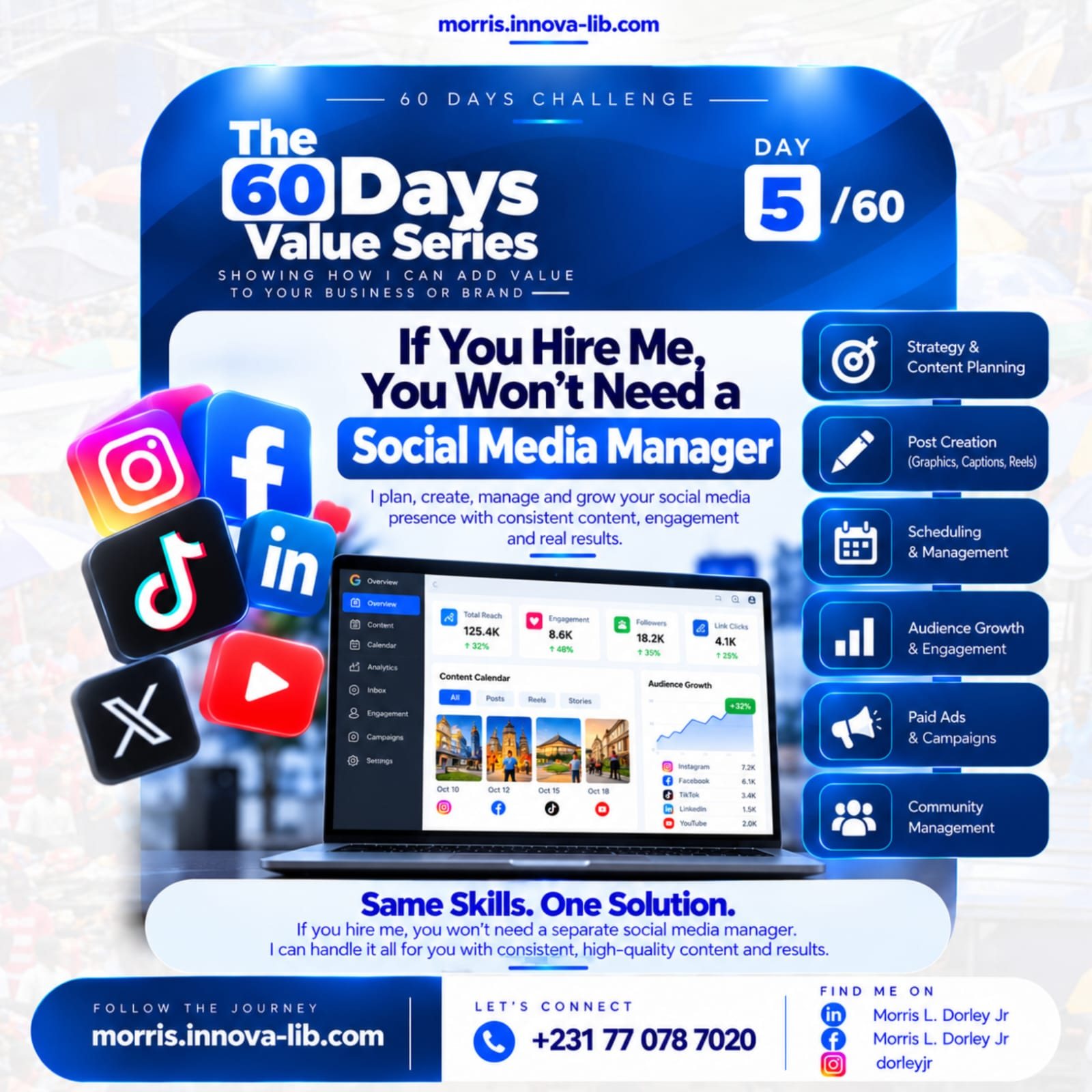 Day 5 of the 60 Days Value Series: If you hire me, you won't need a social media manager. Strategy and content planning, post creation with graphics, captions and reels, scheduling and management, audience growth and engagement, paid ads and campaigns, and community management.