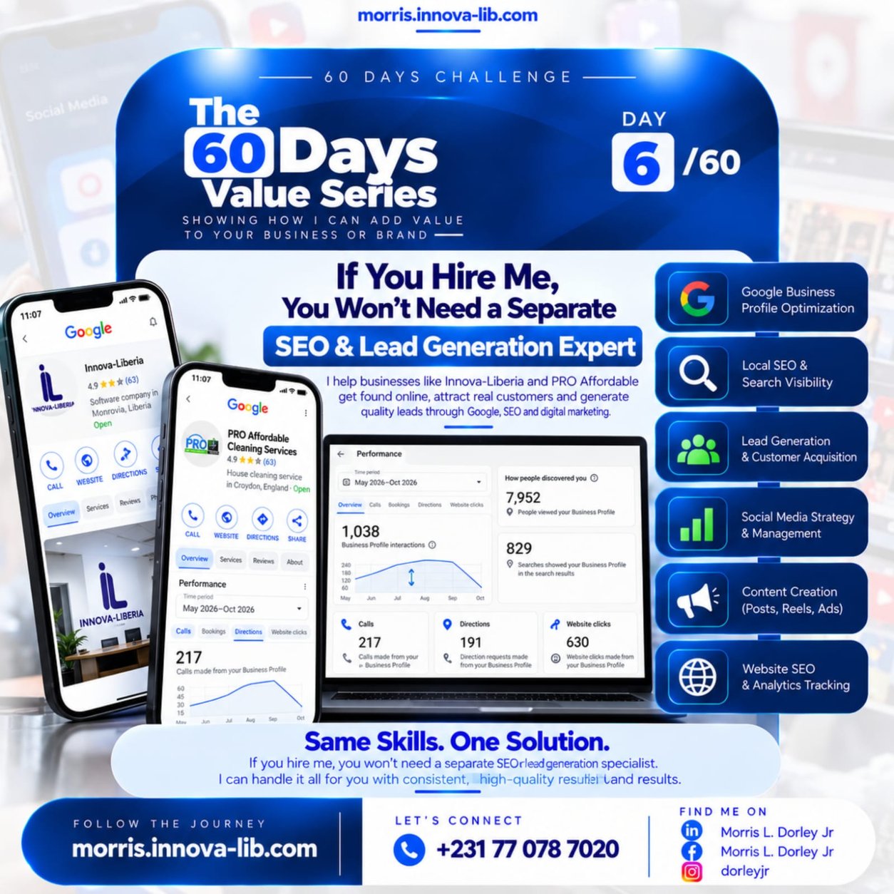 Day 6 of the 60 Days Value Series: If you hire me, you won't need a separate SEO and lead generation expert. Google Business Profile optimization, local SEO and search visibility, lead generation and customer acquisition, social media strategy and management, content creation, and website SEO and analytics tracking.
